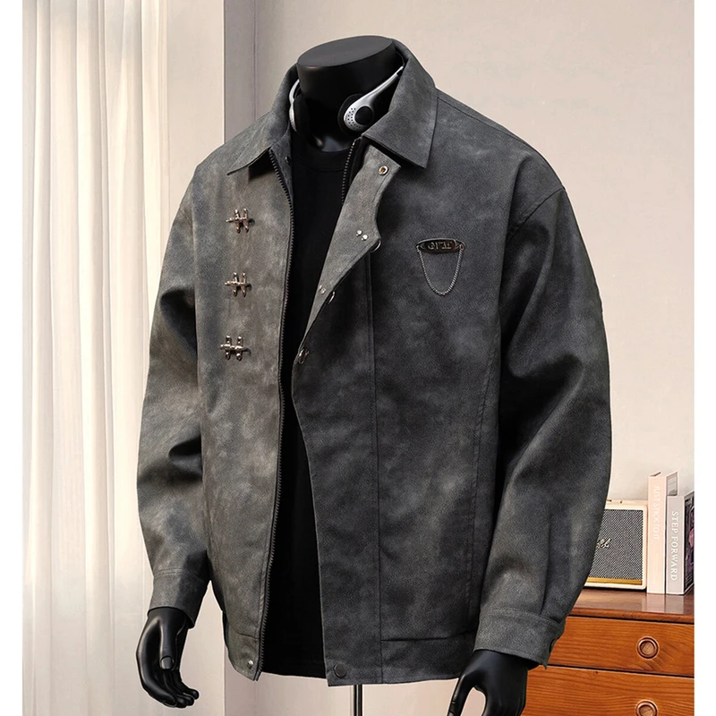 黑灰色翻领飞机扣皮衣外套男春秋美式高街工装飞行员夹克