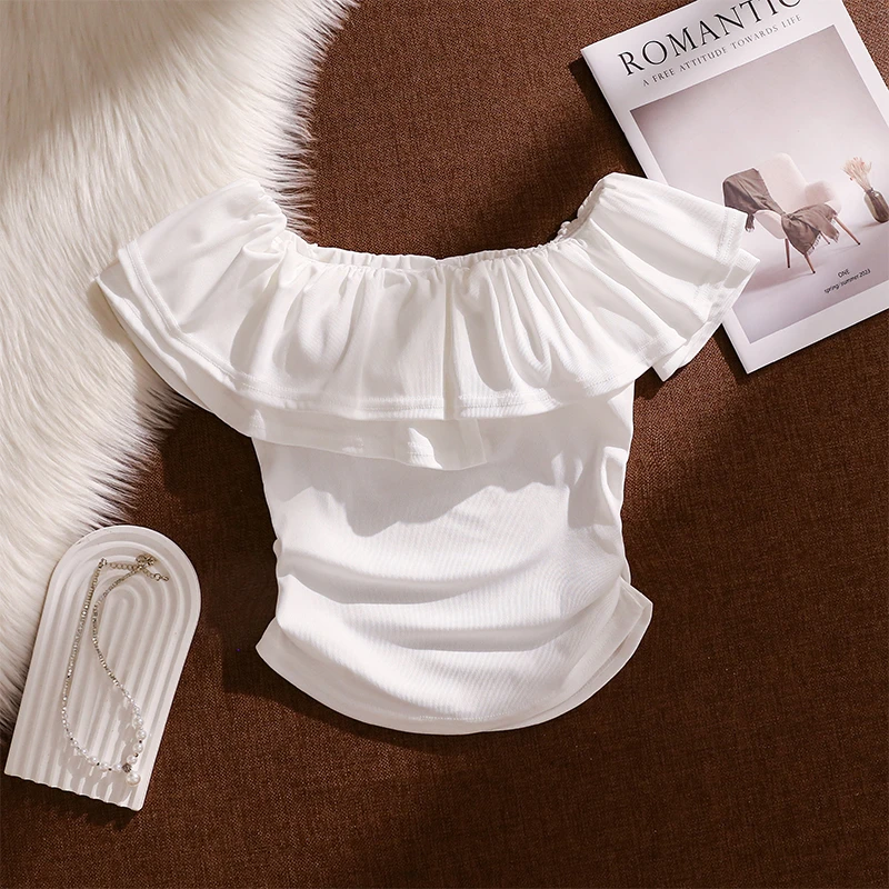 纯欲风修身褶皱荷叶边吊带背心女夏季新款收腰显瘦一字肩抹胸上衣