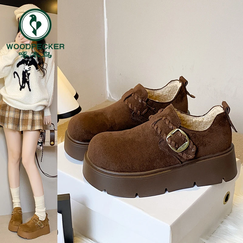 啄木鸟厚底全包毛毛勃肯鞋加绒雪地靴女2025新款冬一脚蹬博肯棉鞋