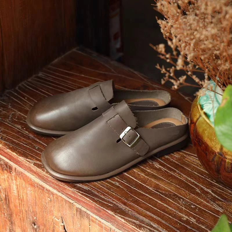 大材小靴春夏新款包头拖鞋头层牛皮女平底休闲复古女软底软面
