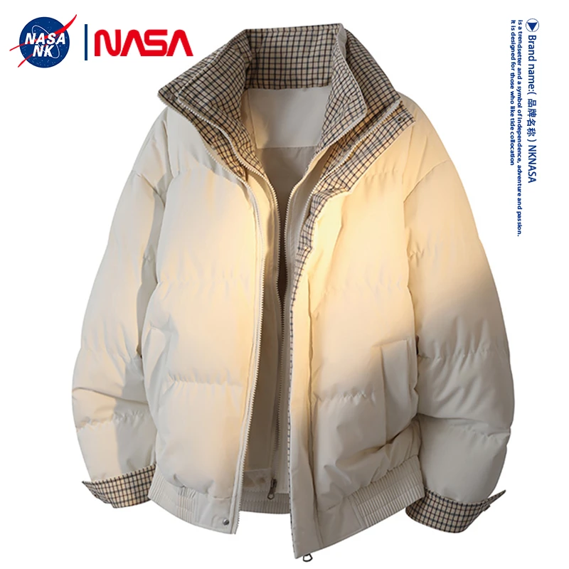 NASA联名假两件格子面包棉服男士冬季加厚潮牌美式棉衣立领外套