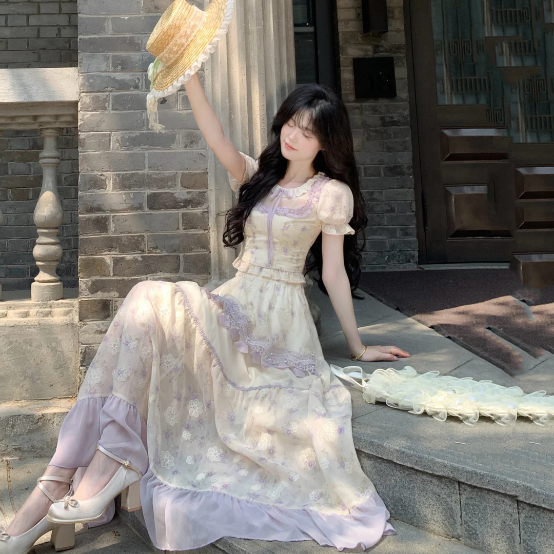 夏季新款法式甜美纯欲温柔气质修身短袖上衣长款半身裙套装两件套