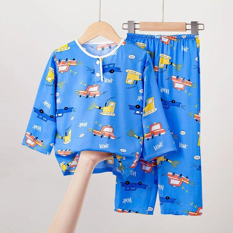 男童夏季家居服绵绸长袖薄女童中大童宝宝儿童棉绸睡衣空调服套装