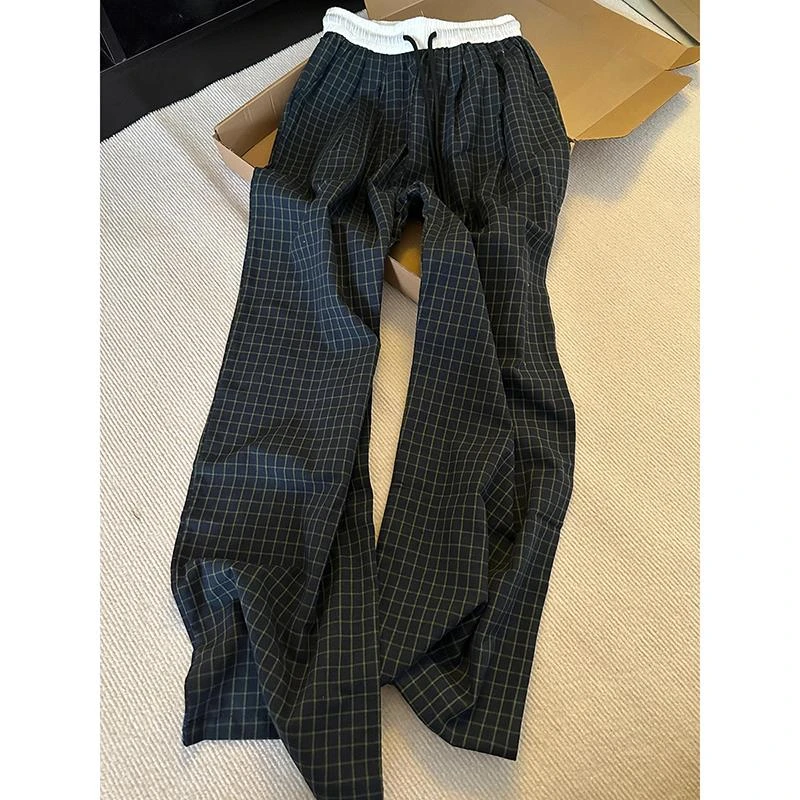 雪千羽藏青色格子裤女夏季薄款遛弯慵懒风休闲裤子垂感直筒阔腿裤