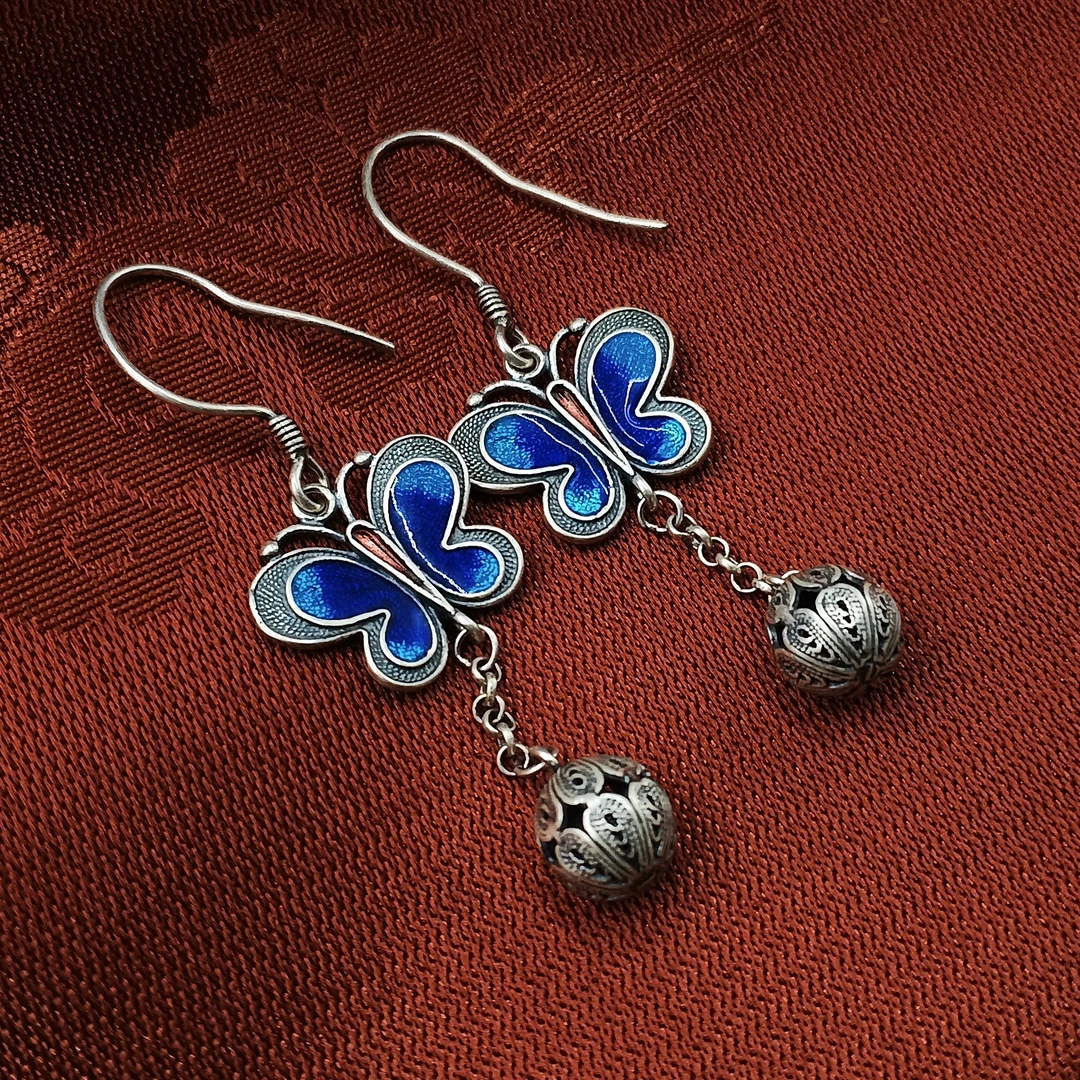 925银耳饰  【佰万银庄】足银990 珐琅彩百搭精致轻奢蝴蝶耳环耳饰