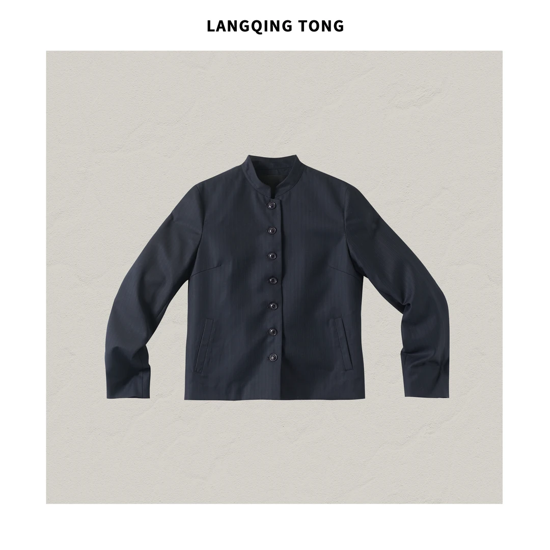 LANGQING 藏青色秋装立领显瘦时尚休闲羊毛外套43979#