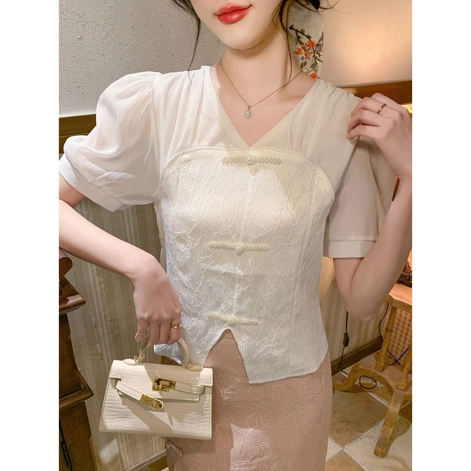 雪纺短袖衬衫女夏季2025新款别致漂亮小衫高级感国风v领别致上衣