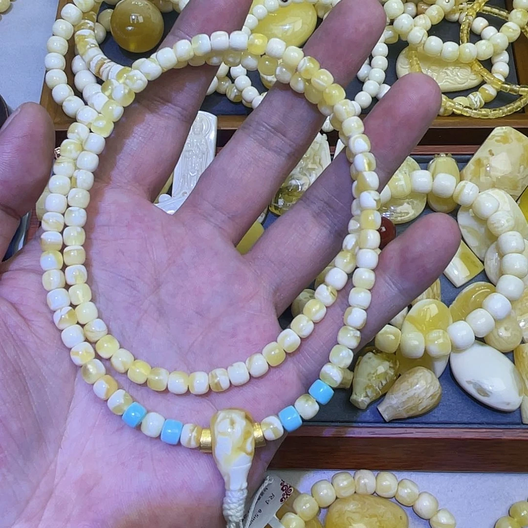 蜜蜡手串18K金镶嵌5.5金瓷白108同心同轴