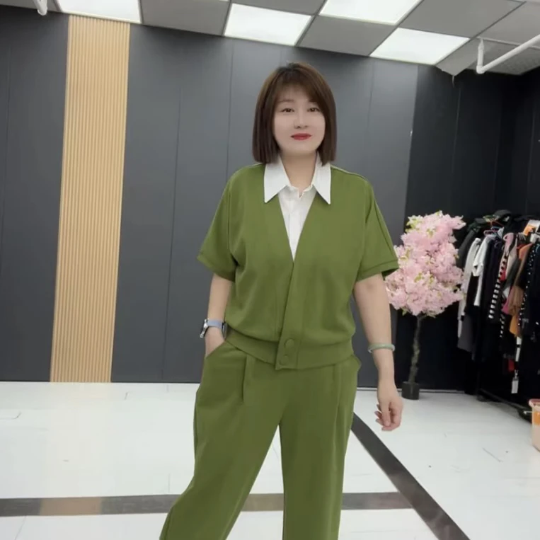 BX2511休闲时尚衬衫领拼接假两件上衣短袖哈伦裤套装减龄时尚