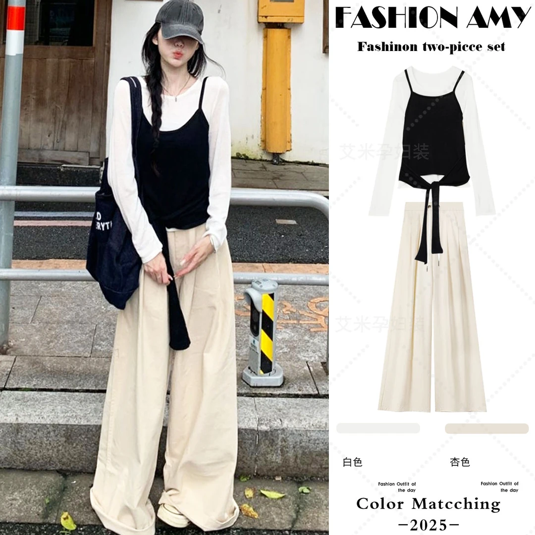 孕妇装秋装套装新款时尚韩版显瘦系带设计感长袖T恤休闲阔腿裤子1