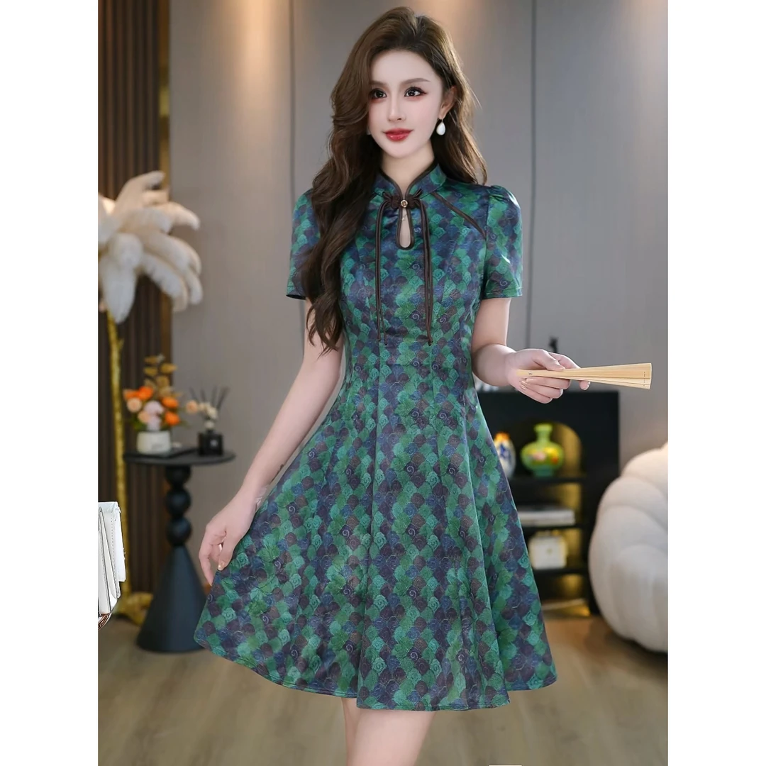 【翡翠云海】新中式国风复古印花盘扣收腰显瘦连衣裙 B5882