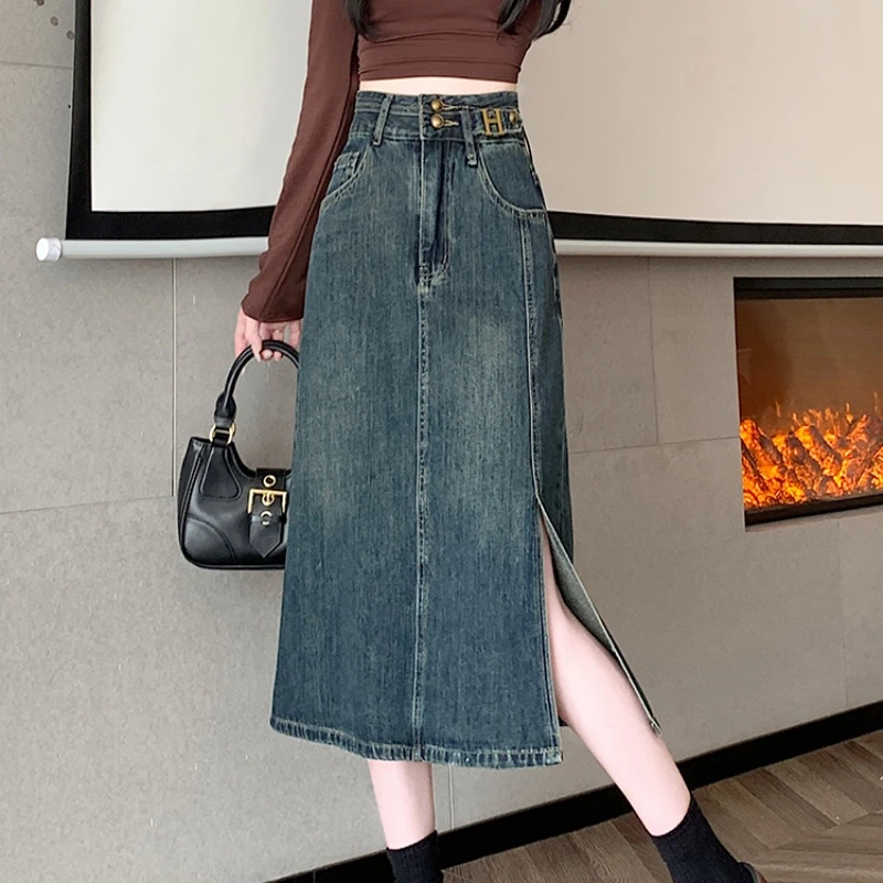 百搭韩版侧开叉牛仔半身裙女2025新款设计感高腰a字复古中长裙女