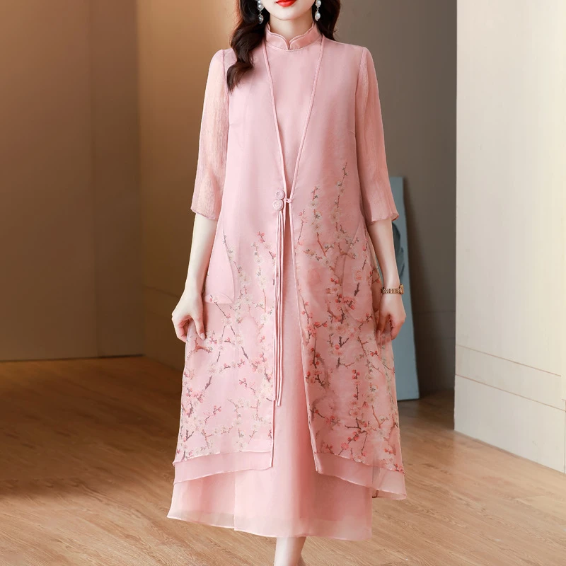 喜婆婆婚宴装粉色礼服裙2024夏季新款时尚优雅气质假两件连衣裙夏
