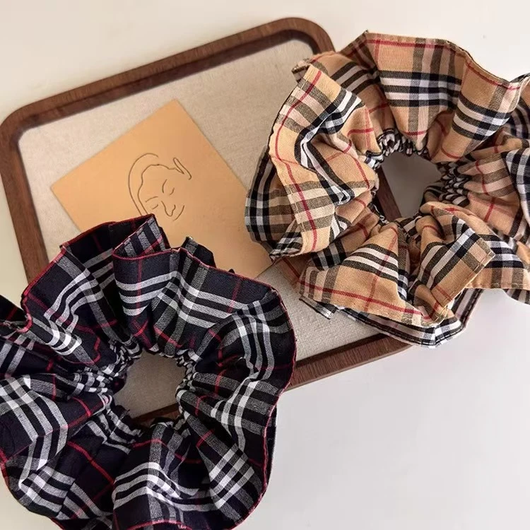 经典黄色格纹英伦风双层格子布艺大发圈发绳高弹力发饰