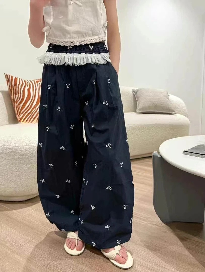 25夏季休闲裤新品女童蝴蝶结蕾丝花边裙摆中大童宽松时尚洋气3329