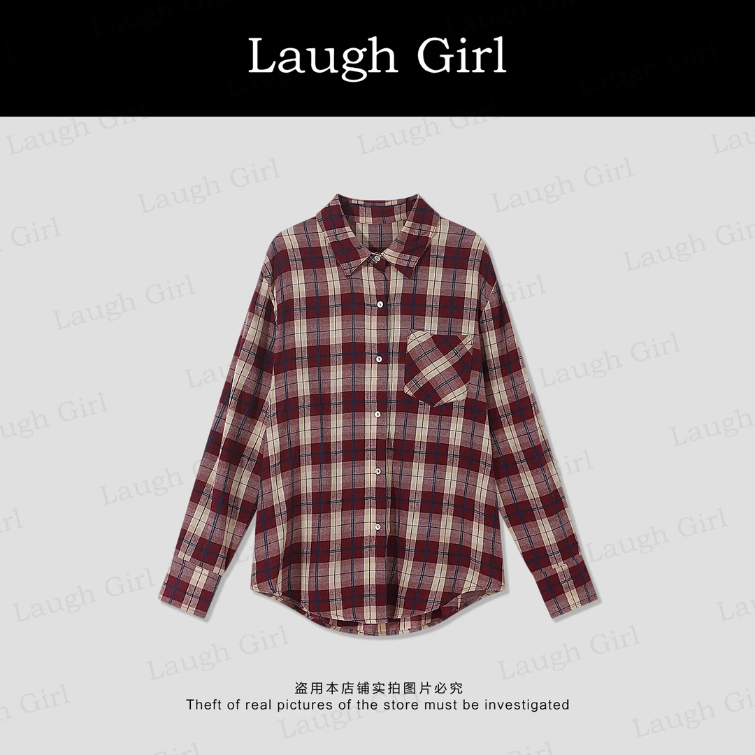楚楚君 Laugh girl【格外有调】秋季红格宽松韩版衬衫外套CL53811J