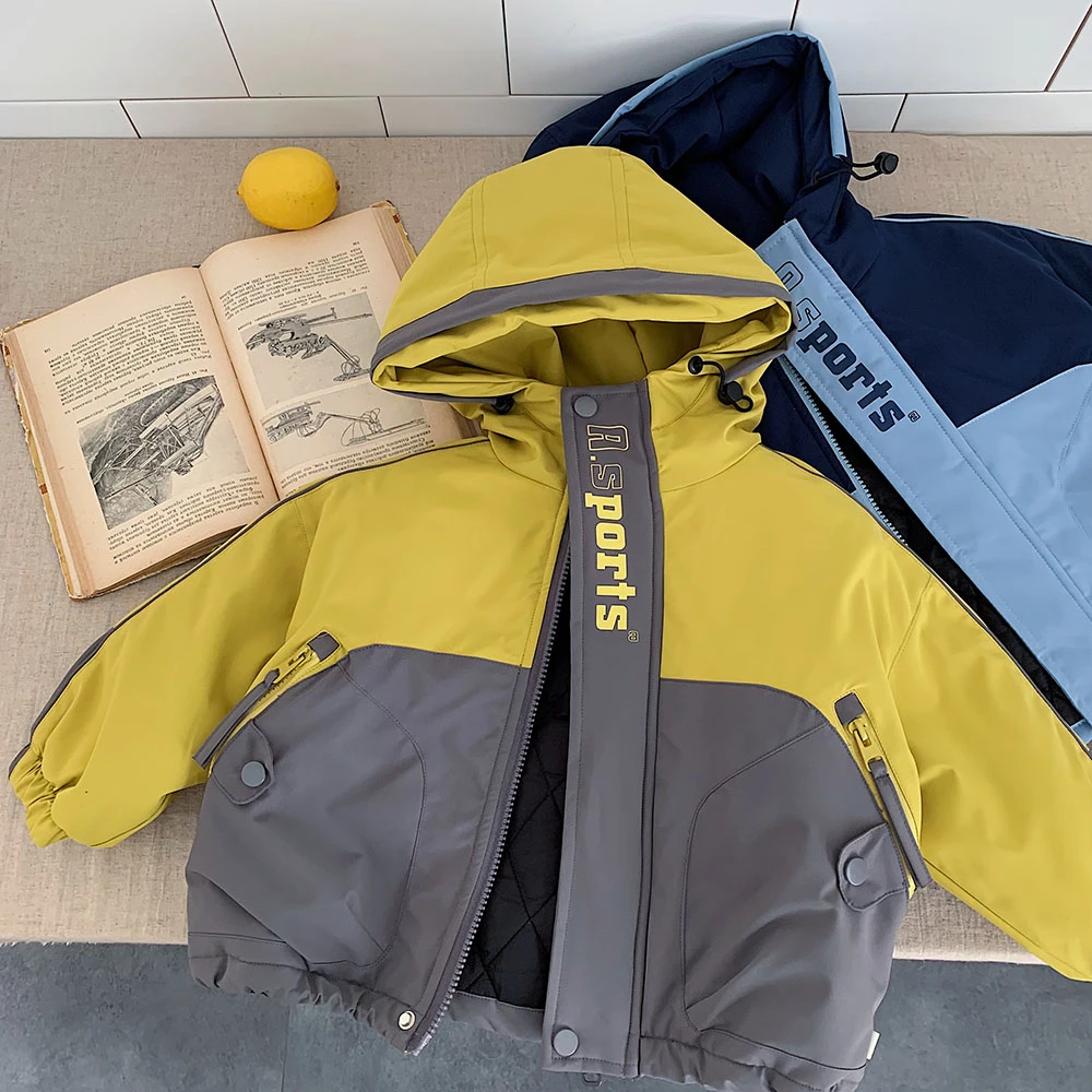 儿童夹棉外套男2025秋冬新款小童拼色棉衣洋气宝宝连帽棉服女三防