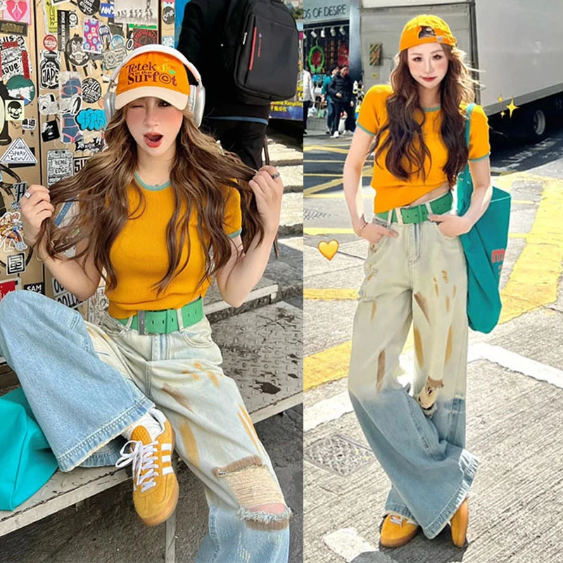 多巴胺穿搭一整套2025夏季新款复古撞色针织短袖破洞牛仔裤两件套