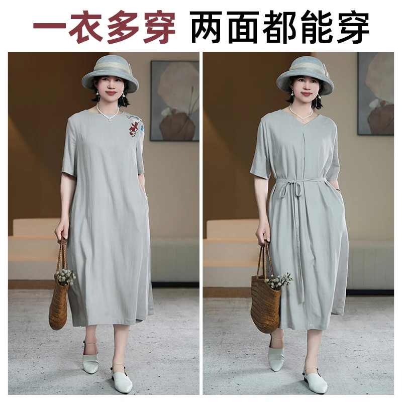 【芙澜卡尔】新款亚麻连衣裙收腰时尚气质文艺中长裙纯色休闲复古