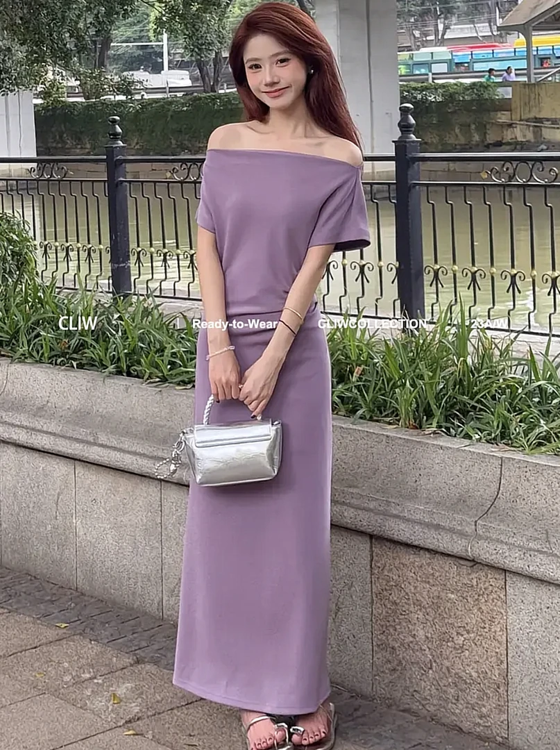 法式紫色小飞袖修身长款裙子女夏季绝美漂亮掐腰设计感斜肩连衣裙