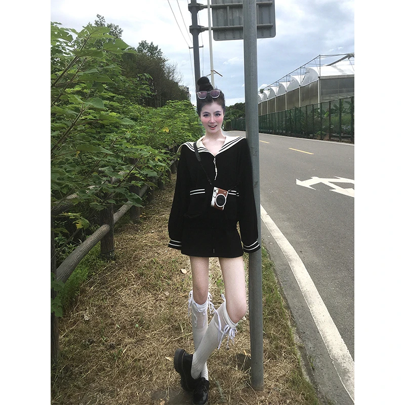 学院风海军领黑色卫衣套装女秋季韩系小个子穿搭外套半身裙两件套
