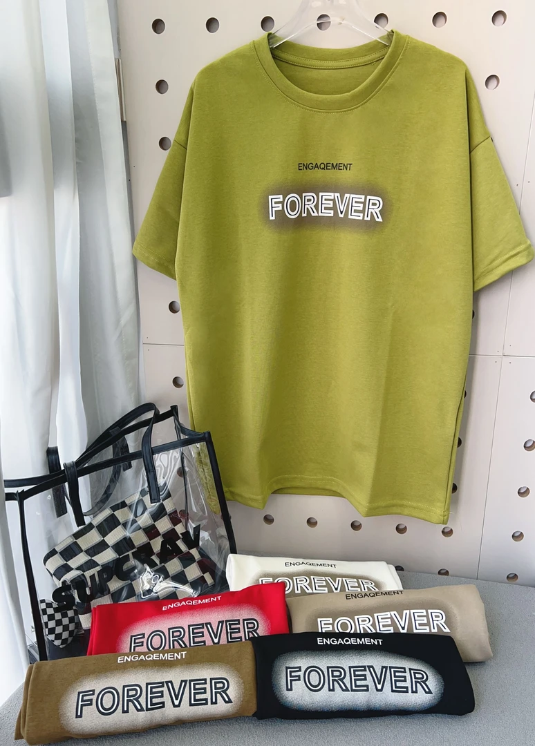 滨莉家 慵懒风时尚休闲晕染字母印花百搭T恤