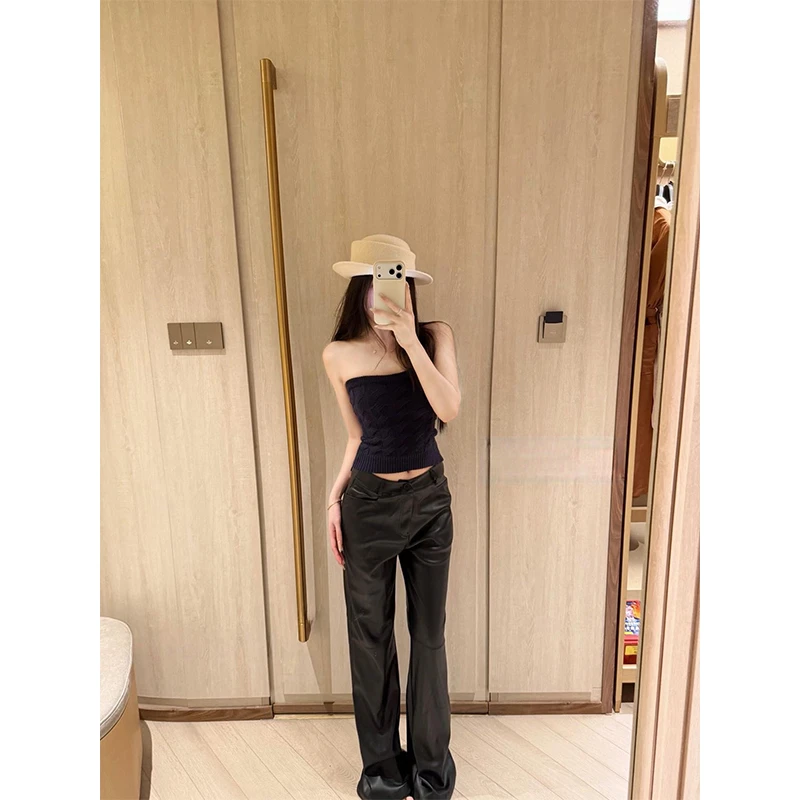 秋冬季辣妹针织抹胸背心女收腰内搭打底无袖上衣阔腿直筒裤休闲裤