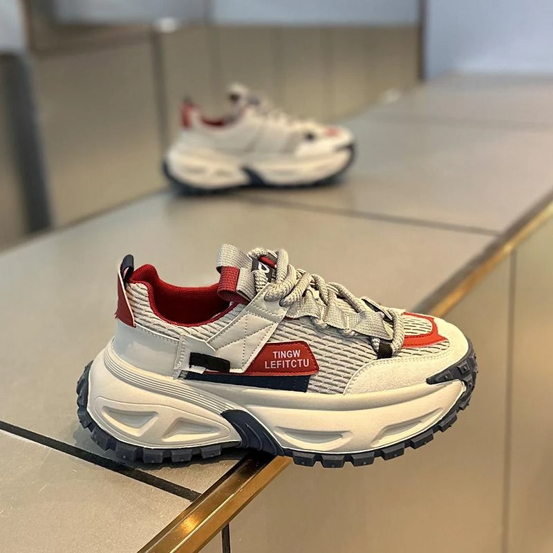 镂空时尚透气舒适胶粘系带网面ins拼色鞋2025秋季新款男鞋鞋子男