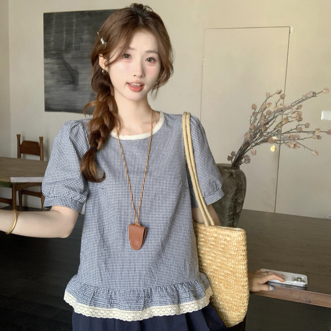 韩系荷叶边拼接短袖衬衫2025新款女夏季大码胖mm收腰显瘦格子上衣
