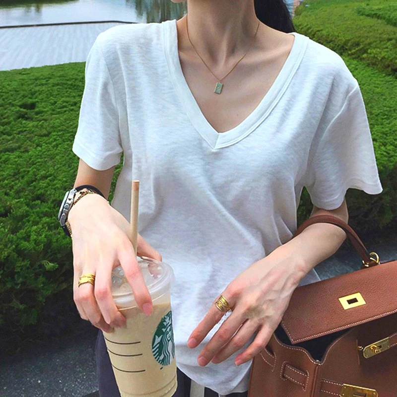 V领雪花棉T短袖t恤女夏季2025年新款薄款宽松半袖体恤上衣