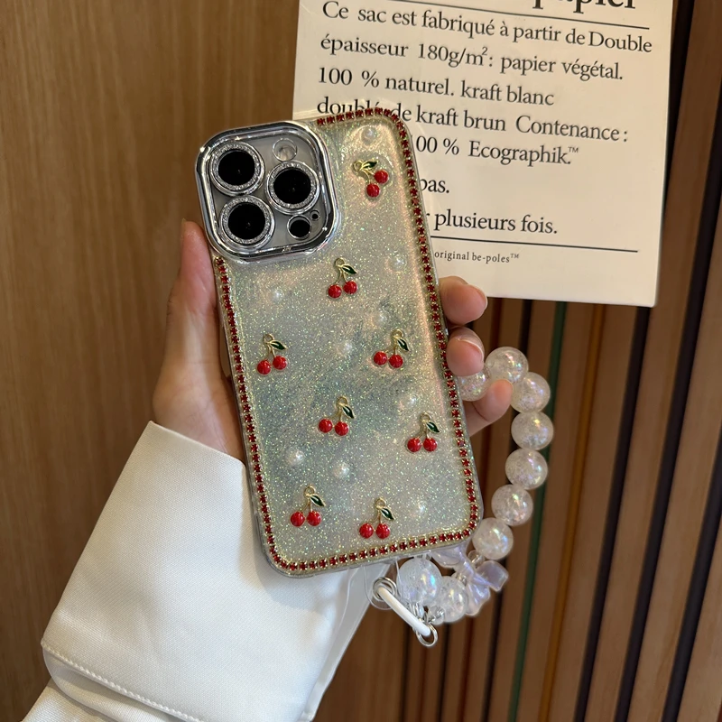 ins红色樱桃手机壳钻边适用苹果16pro全包oppo镜头膜小米华为vivo