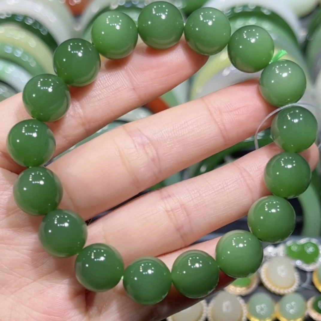 福利！和田玉俄料碧玉起荧光阳绿手串12mm