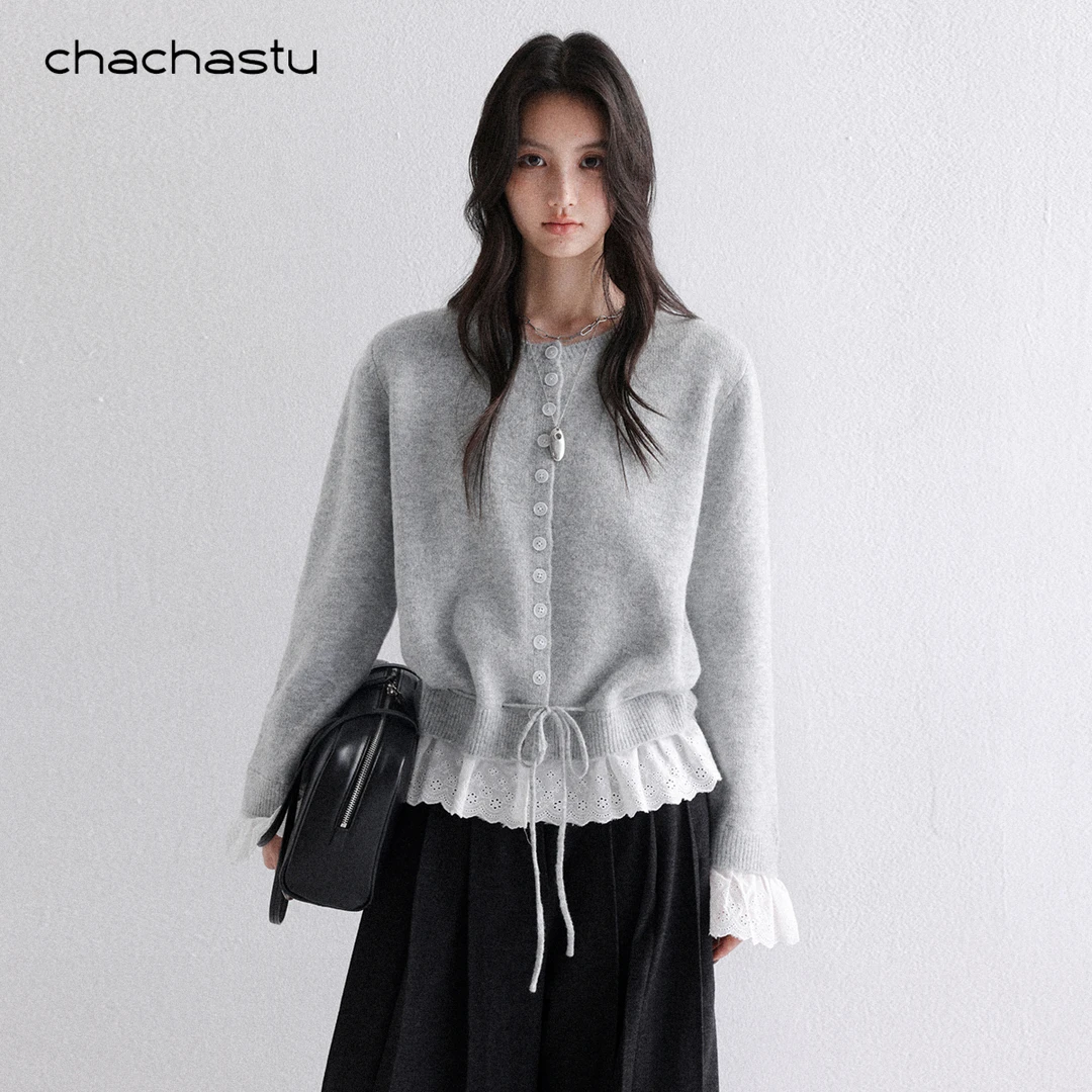 CHACHASTU复古花边拼接设计 丰富层次感叠穿灰色毛衣外套X1008