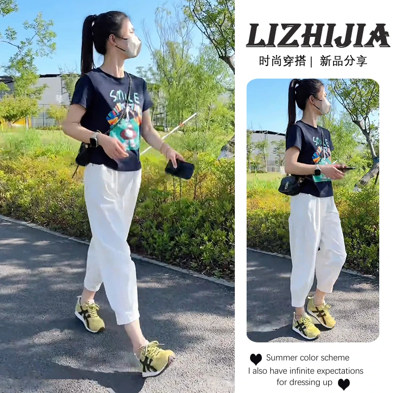 2025夏季新款印花卡通宽松T恤短袖上衣百搭宽松休闲裤两件套潮