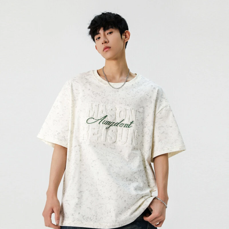 潮牌宽松钢印字母印花短袖T恤男夏季美式复古五分袖重磅潮流上衣