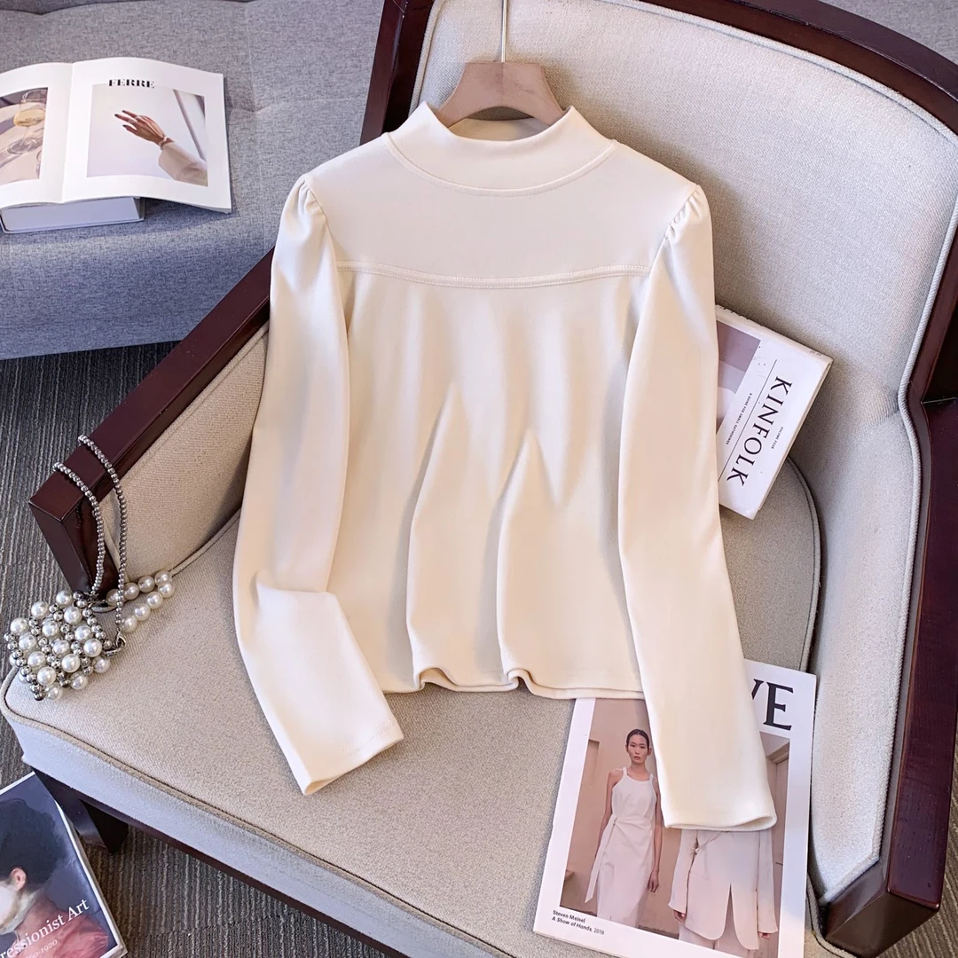 半高领打底衫女2024新款泡泡袖秋冬洋气内搭修身高级感长袖上衣女