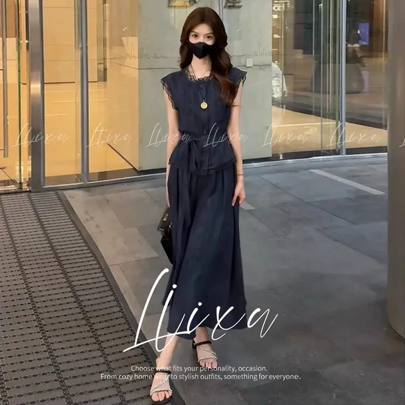 0946套装女2025夏季新款洋气收腰显瘦蕾丝拼接上衣裤子两件套