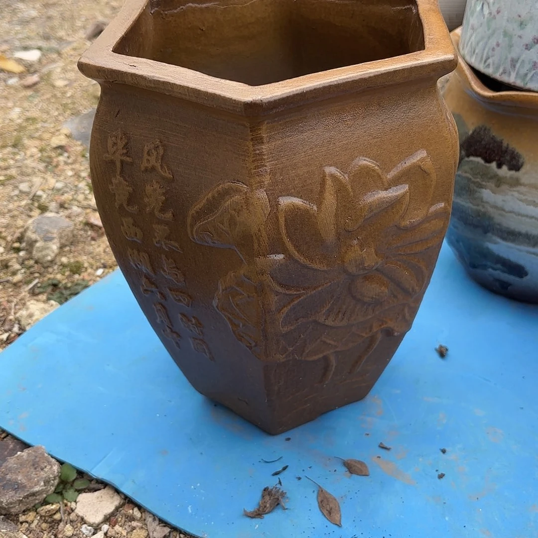 紫砂花盆柴烧六方一个口径18*24