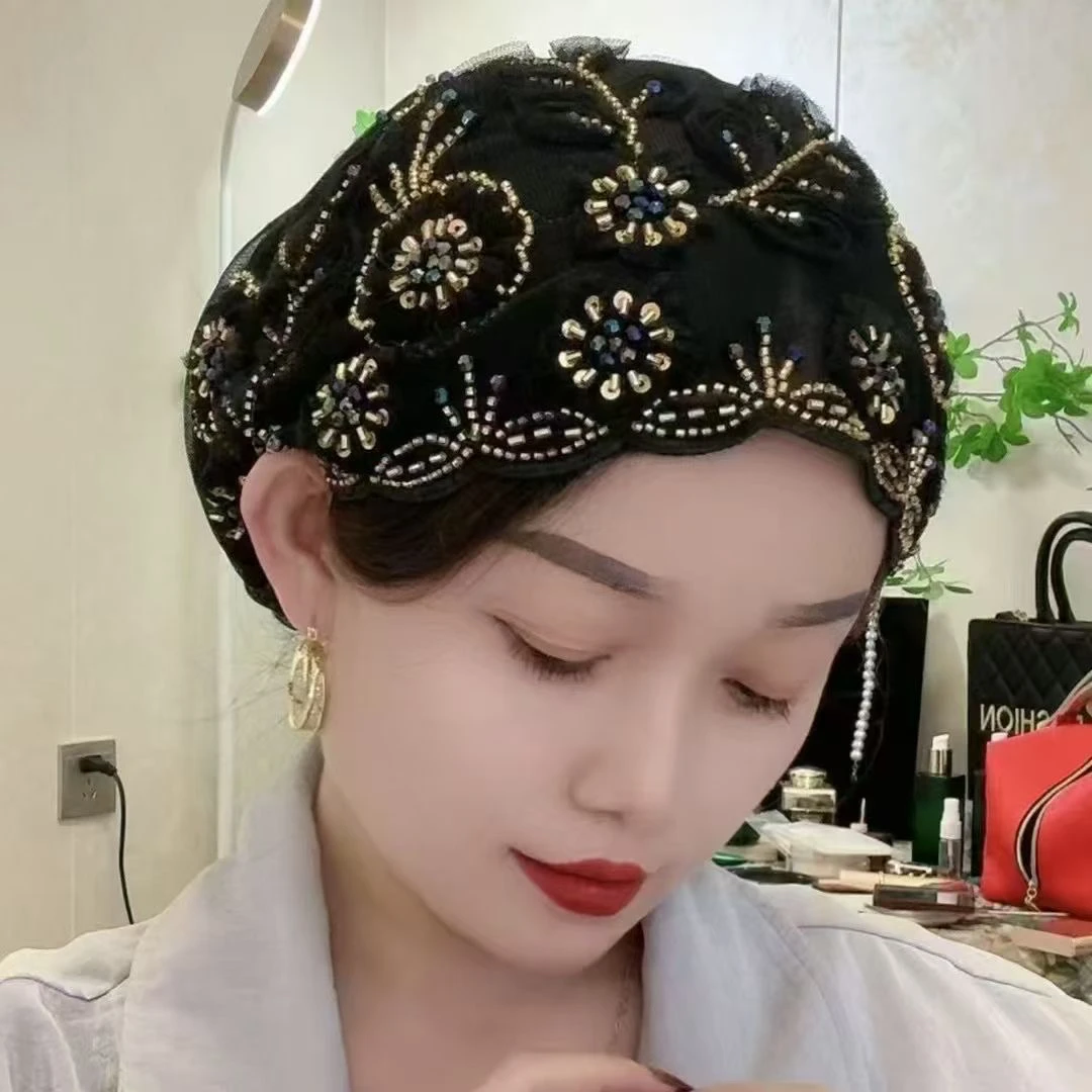 新款立体秋冬刺绣手工缝制包头帽帽子冬季网红百搭薄款黑色2025