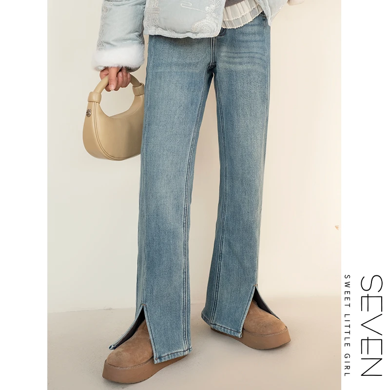 62③七七146小个子加绒开叉微喇叭牛仔裤女冬时尚阔腿裤小美说