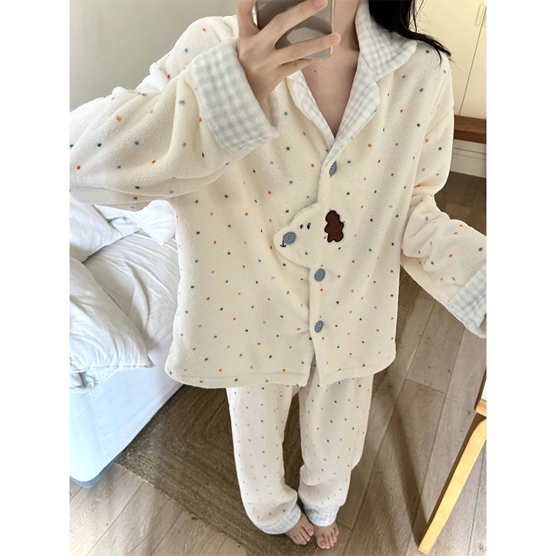 法兰绒睡衣女款秋冬季2025新款加绒加厚珊瑚绒甜美可爱波点家居服