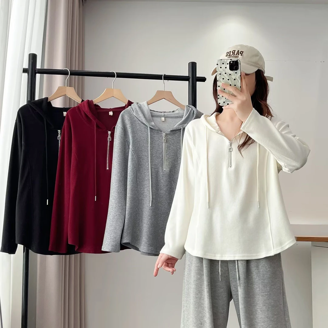 2025微胖大码秋季新款连帽长袖帽衫时尚宽松洋气显瘦半拉链上衣