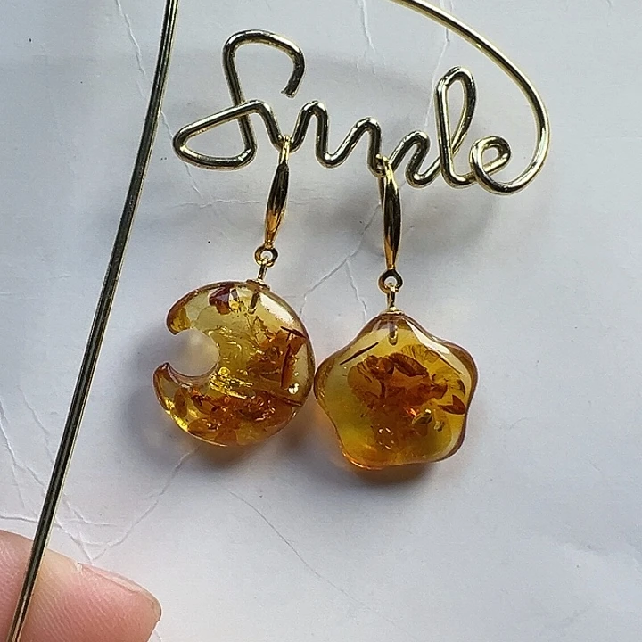 银S925镶嵌琥珀（花珀）耳饰