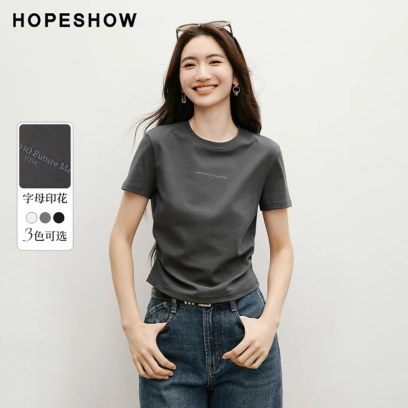红袖春季2025新款女装 字母主题印花正肩圆领套头T恤90125090204