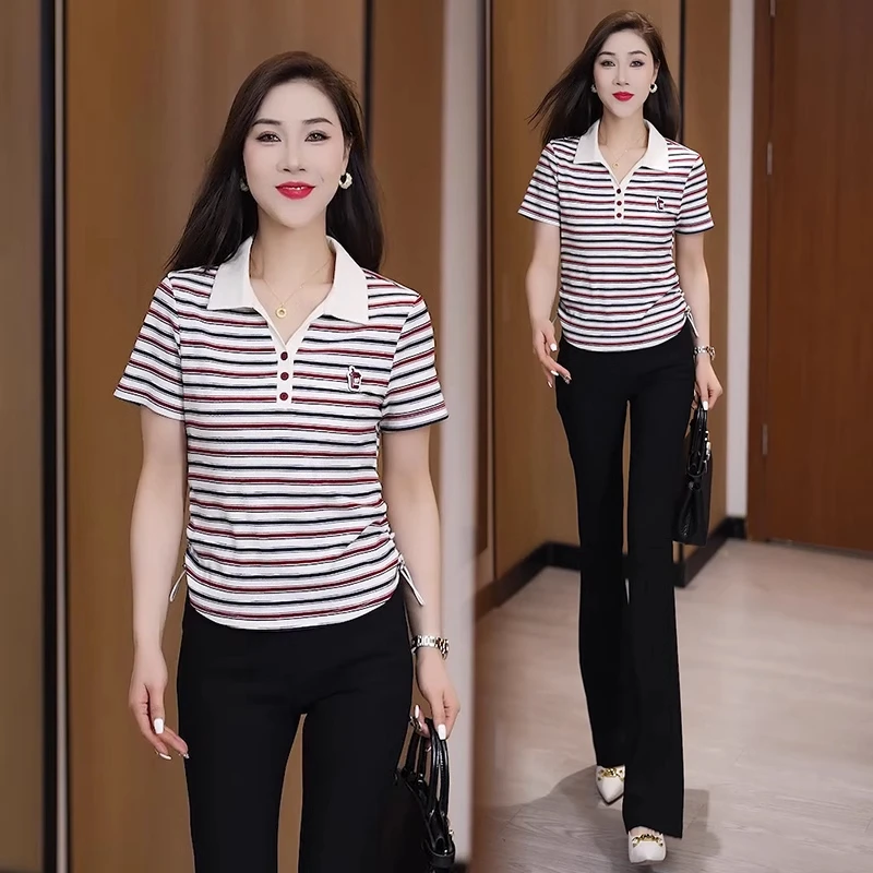 时尚条纹T恤女2025夏季新款洋气翻领遮肚子宽松polo领体恤衫上衣