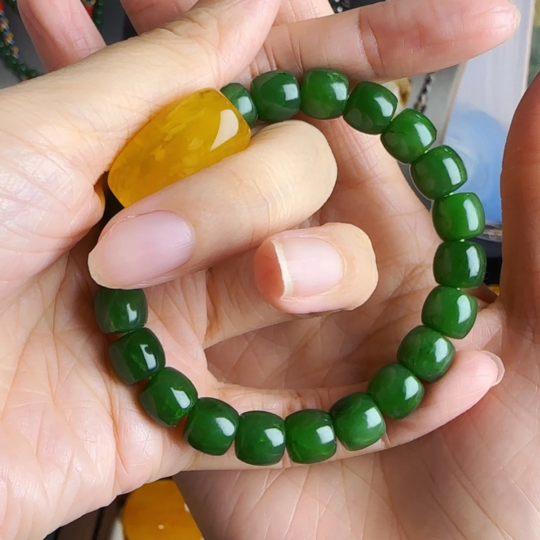 和田玉（碧玉）未镶嵌手串蜜蜡桶珠手串