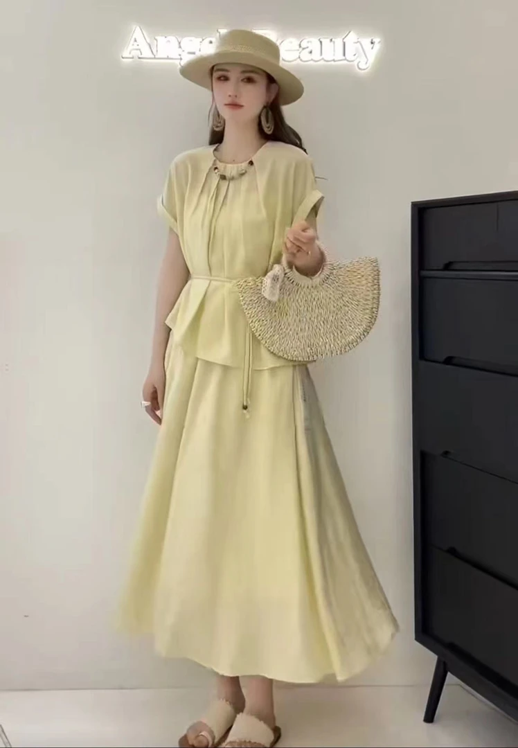 X149113-夏季新款时尚套装女设计感小众韩系上衣飘逸半身裙两件套