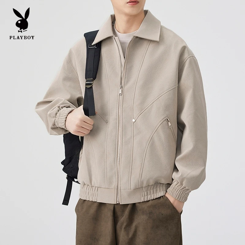 PLAYBOY/花花公子潮牌美式纯色翻领夹克男秋季宽松百搭休闲外套