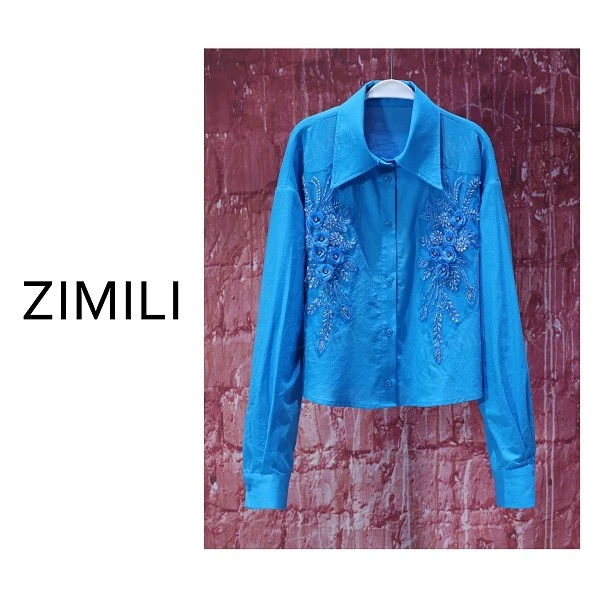 【亮哥女装】2025欧版新品天蓝色重工立体珠片绣气质衬衫9382-Z2