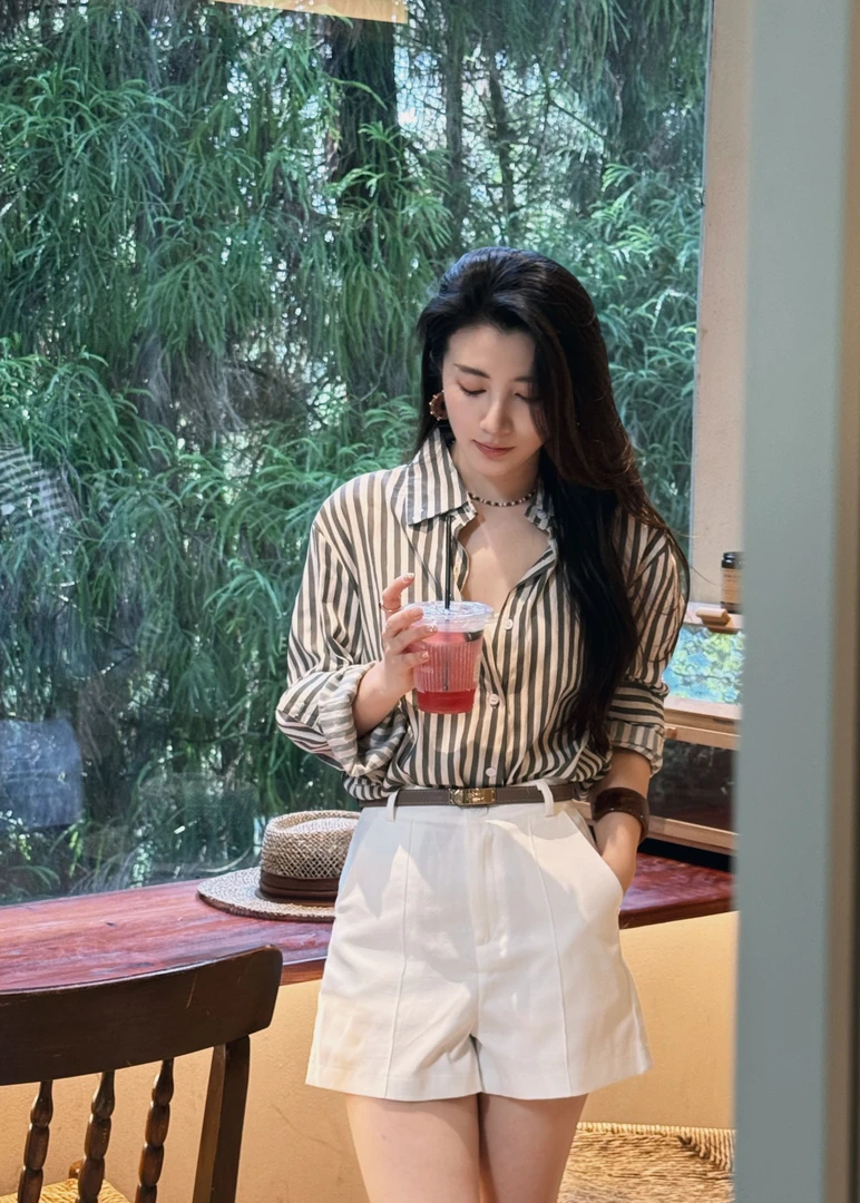 洋气减龄宽松条纹衬衫女夏季新款别致小众Polo领衬衣显瘦长袖上衣